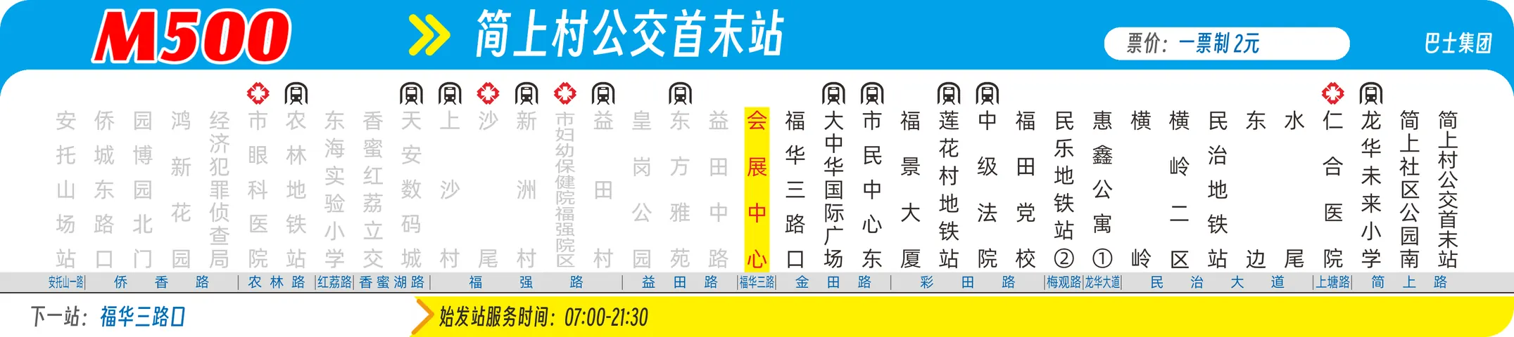 深圳 M500 路站牌示例：每个站名下方对应所在道路名